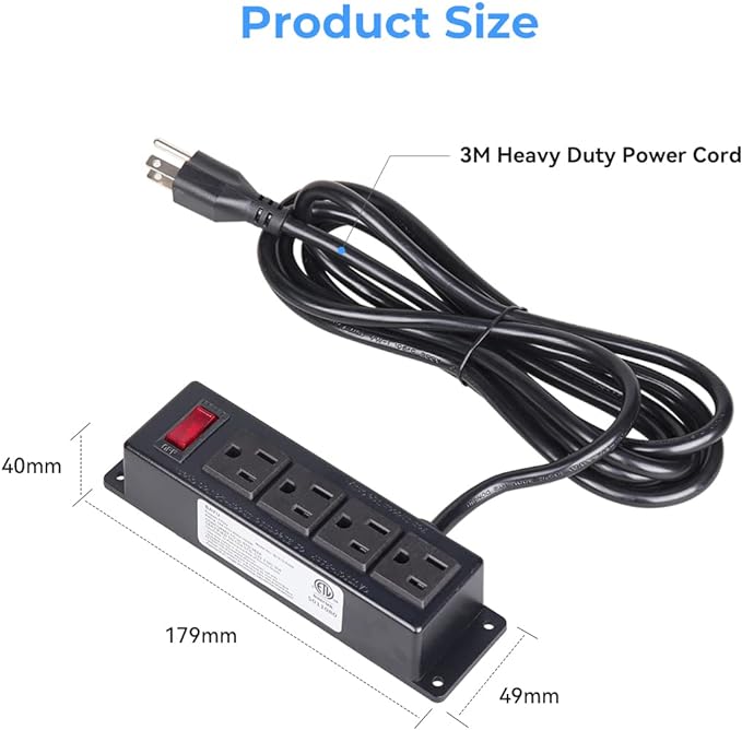 Mountable Power Strip with 4 Outlet, Wall Mount Under Desk Power Strip with 10ft Cord, Flat Plug Power Socket for Home, Office, Industrial, Black