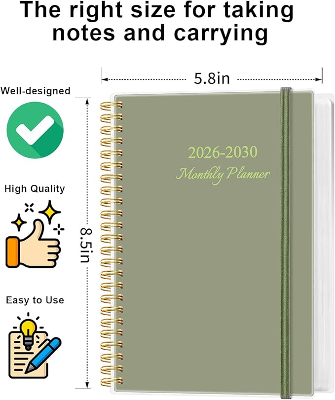 2026-2030 Monthly Planner - 60 Month PLanner Calendar from January 2026 to December 2030, 5 Year Planner 2026-2030 with Flexible Cover, Inner Pocket, Perfect for Home | School | Office, 5.8" x 8.5", Green