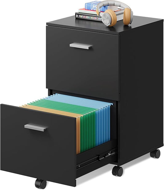 DEVAISE 2 Drawer File Cabinet, Mobile Printer Stand, Wood Filing Cabinet fits A4 or Letter Size for Home Office, Black