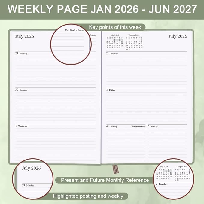 Planner 2026-2027 - 18 Months (Jan 2026 - Jun 2027) Agenda Planner 5.8" x 8.5", 2026-2027 Weekly & Monthly Planners with Hard Cover, Green