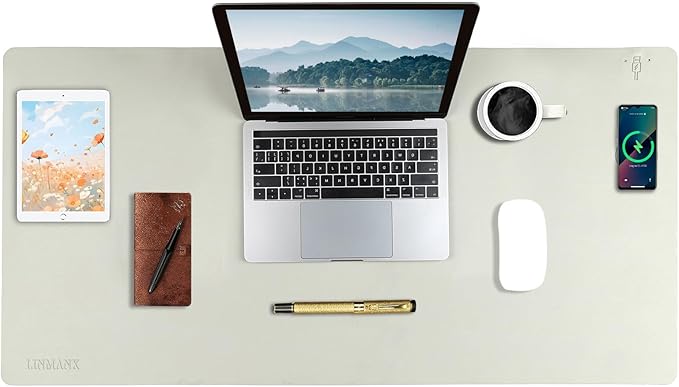 Wireless Charging Mouse Pad with for Desktop Charging Large Desk Mat 32"x16" Waterproof Gray Leather Computer Mat Mousepad Non-Slip Protector on Top of Desks for Keyboard and Mouse(Gray-R)