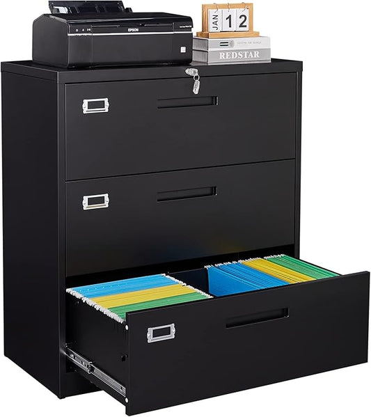 SISESOL 3 Drawer Lateral File Cabinet with Lock,Black Lateral Filing Cabinet,Horizontal Metal Filing Cabinet,Locked Wide Three Drawer File Cabinet for Office Home,Fit A4/F4/Letter/Legal File