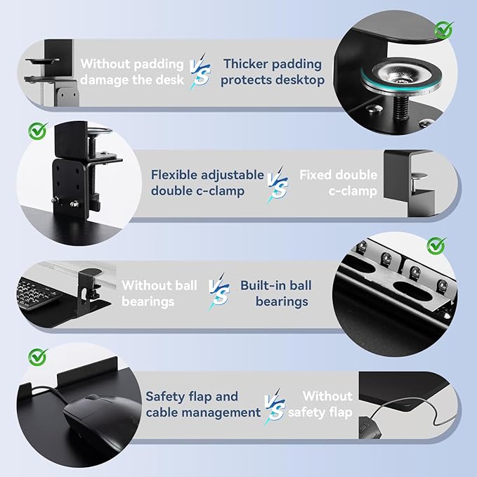 VUSIGN Keyboard Tray Under Desk Height Adjustable,Pull Out with Adjustable C Clamp Mount System for L-Shaped Tables, Extra Sturdy, 26.4” x 11.8” Slide-Out Platform Computer Drawer for Typing, Black
