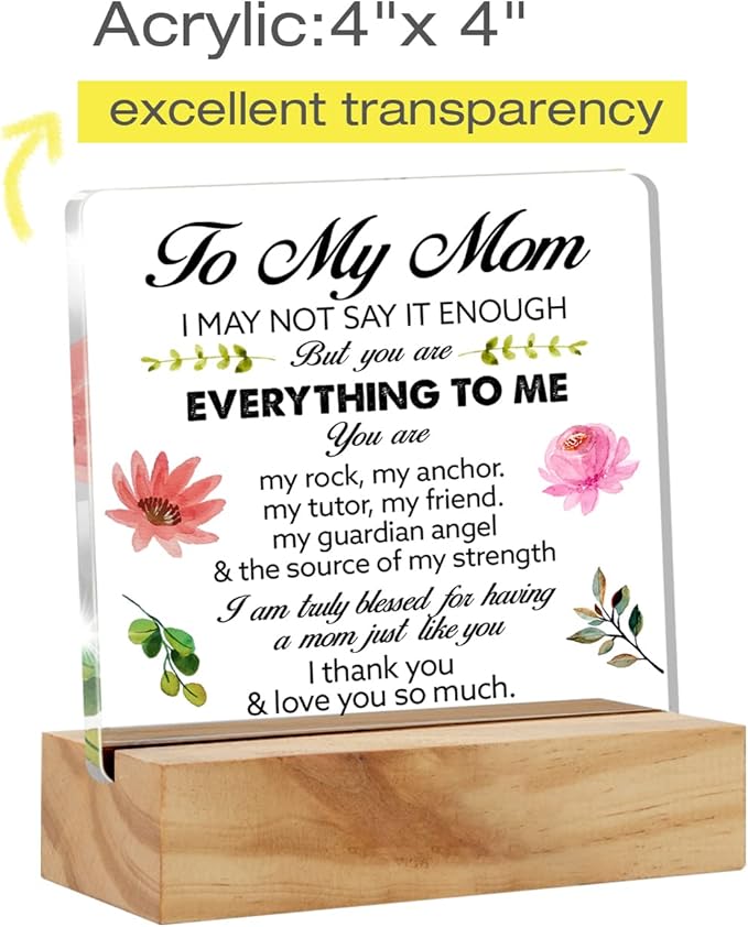 Mother's Day Floral Mom Gift Acrylic Desk Plaque Sign with Wood Stand - Home Office Keepsake