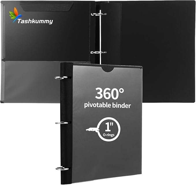 360 Degree Pivotable Binder, Upgraded 3 Ring Binder 1 inch, Flexible Binders 3 Ring, Foldable Three Ring Binders- Black