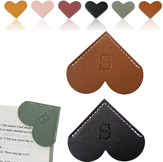 Personalized Leather Heart Bookmark, 26 Letters Customized Corner Book Mark for Reading Women, Book Marker with Initials，Cute Gifts (Black+Dark Brown, S)