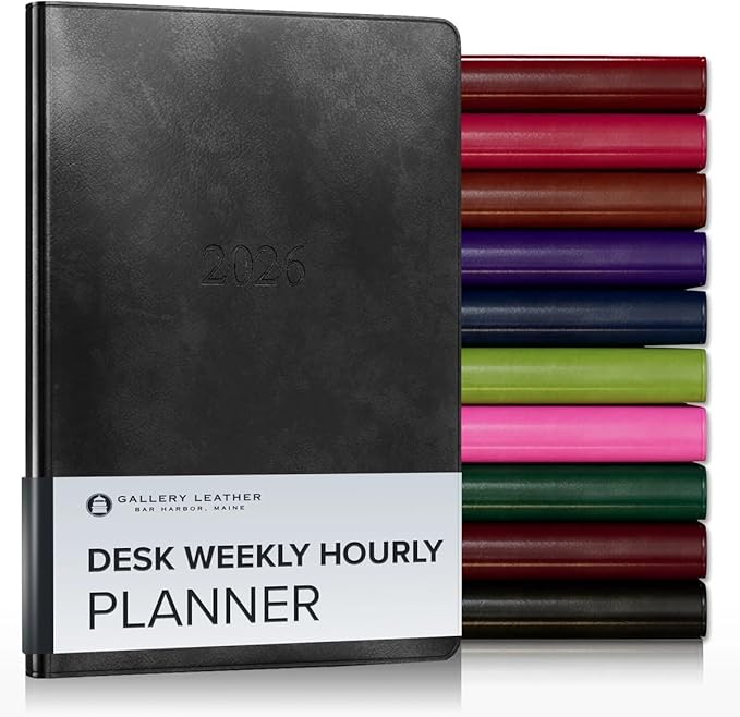 Gallery Leather Desk Hourly Weekly Monthly Planner 2025-2026, Elegantly Bound Calendar Planner and Notebook with Stylish Gold-Gilded Page Edges, 12 Months - Acadia Black - 8 x 5.5 "
