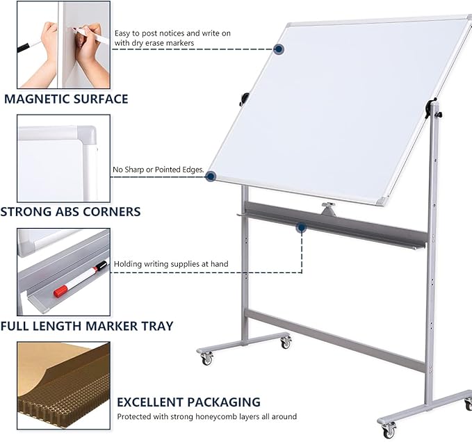 Large Double Sided Whiteboard 72x40 inches on Wheels - Height Adjustable Mobile Magnetic Dry Erase Board with Rolling Stand for Office Meetings, Classroom Teaching, Home, Silver Frame