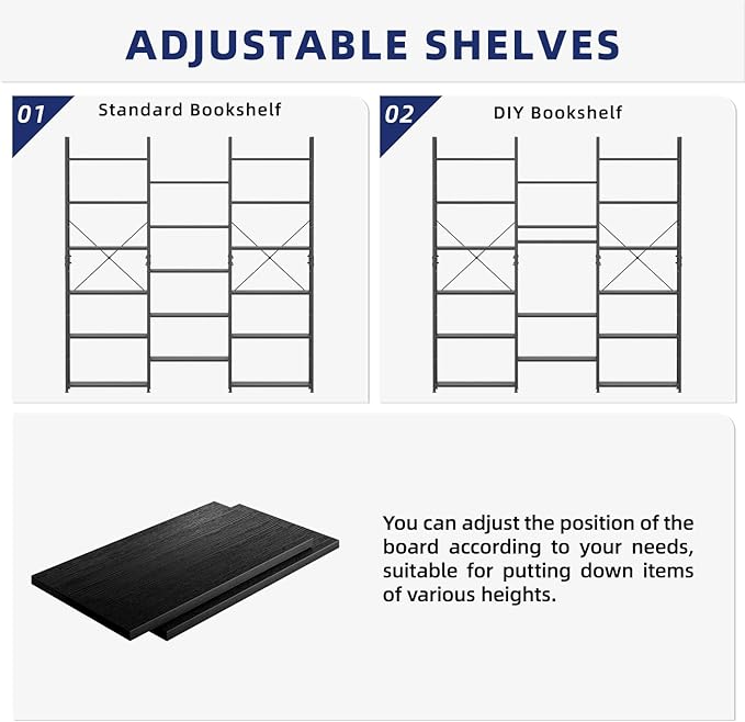 NUMENN Triple Column 6 Tier Bookshelf, Bookcase with 17 Open Display Shelves, Adjustable Rustic Industrial Style Book Shelves, Modern Bookshelves for Bedroom, Living Room and Home Office, Black