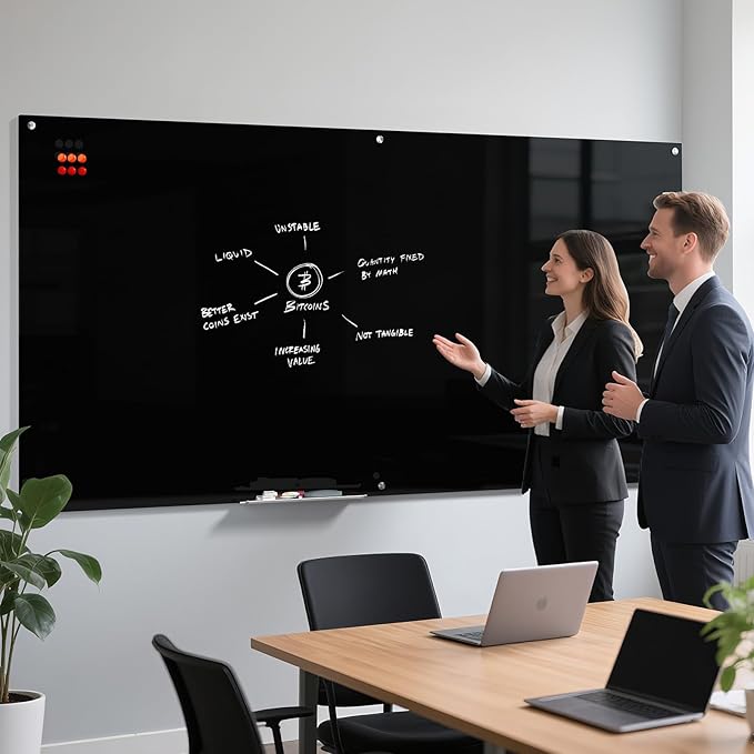 MaxGear Glass White Boards 96x48 Inches, Wall Mounted Magnetic Dry Erase Board Black, Large Frameless Whiteboard with 1 Eraser,3 Markers and 6 Magnets for Office, School, Home