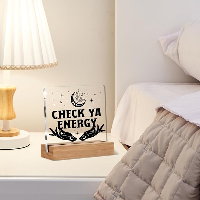 Witchy Gifts for Women Men, Spiritual Witch Gifts, Check Ya Energy Witchy Desk Decor Acrylic Plaque for Home Office Room