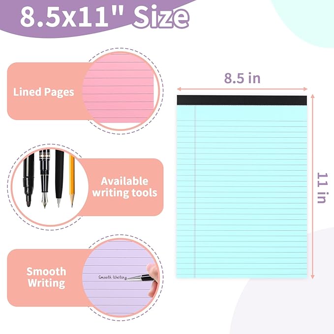 Colored Legal Pads, 3 Pack Writing Pads 8.5 x 11 inch, Micro Perforated Notebooks with Sturdy Back, Wide Ruled, 30 Sheets Per Writing Pad for School, College, Office, Professional (Blue/ Pink/Purple)