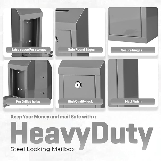 Metal Donation Box-Suggestion Box with Slot and lock-Cash Lock box for Money-Waterproof Drop Box-Comment and ballot voting box-comes with pre-drilled holes for easy wall mounting 10 X 6 X 2.5"(Gray)