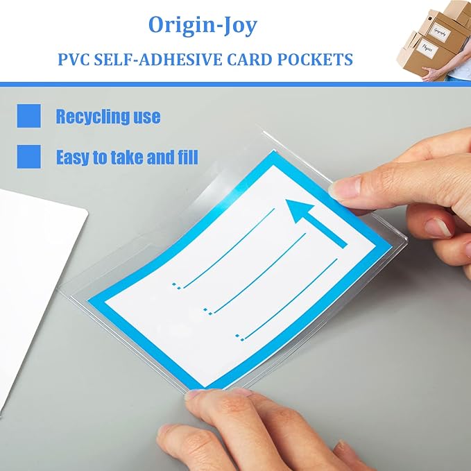 Origin-Joy 25 PCS Self-Adhesive Index Label Pockets, Clear Plastic Peel & Stick Card Holders with Top Open for Loading (3.5 x 3 inch)