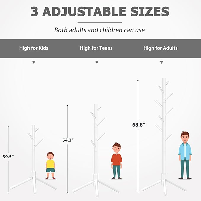 Wooden Coat Rack, Free Standing Coat Rack with 8 Hooks 3 Adjustable Heights for Clothes, Hats, Handbags, Coat Tree Easy Assembly for Entryway, Bedroom, Hallway, Office (New White)