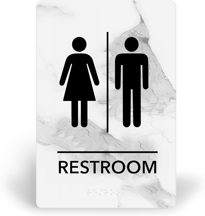 Promot Unisex Bathroom Sign – ADA Braille Restroom Sign for Business, Self-Adhesive, 9" x 6", Commercial Door Signage, Office Wall Decor - Marble Quartz
