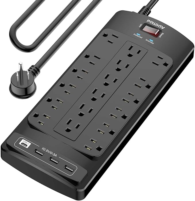 18 Outlets Surge Protector Power Strip - 10 Feet Flat Plug Heavy Duty Extension Cord with 18 Widely Outlets and 4 USB Ports, 2100 Joules, Black, ETL Listed