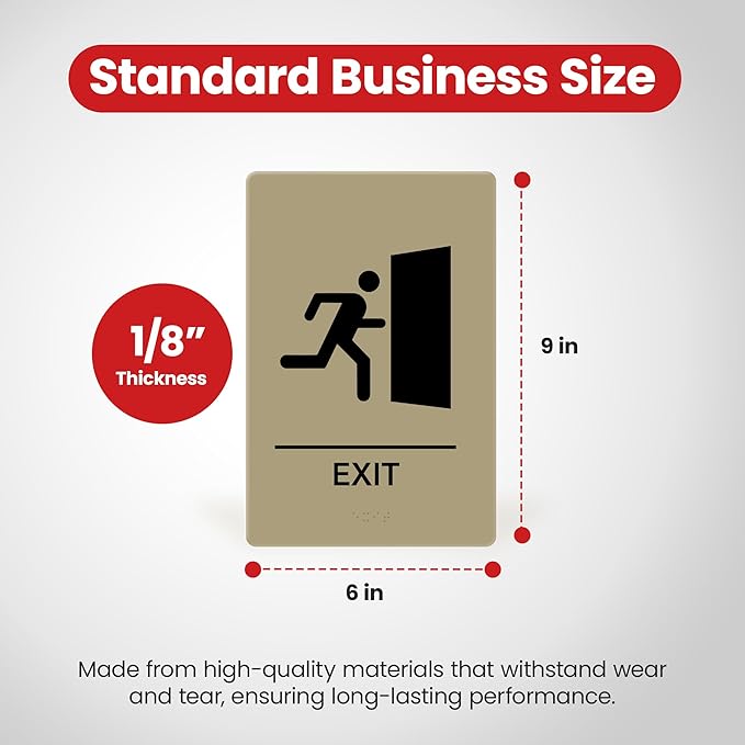 Promot Exit Sign – ADA Braille Exit Sign for Business, Self-Adhesive, 9" x 6", Commercial Door Signage, Office Wall Decor - Taupe