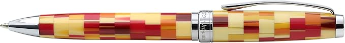 Xezo Urbanite Twist Action Ballpoint Pen, Medium Point. Retro Red, Yellow, and Cream Checkered Acrylic on Brass. Chrome Plated. Handcrafted, Limited Edition, Serialized