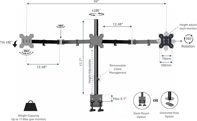 Rocelco 46" Electric Standing Desk Converter with AC Outlet USB Charger and Triple Monitor Arm Mount - Motorized Adjustable Sit Stand Riser - Tabletop Workstation Keyboard Tray - Black (R EDRB-46-DM3)