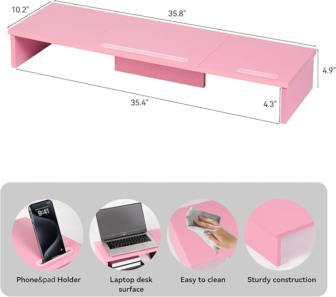 Dual Monitor Stand Riser with Phone Tablet Holder, 35.8in Large Monitor Stand for Desk, Computer Monitor Stand for 2 Monitors, Desk Shelf for Top of Desk, Desktop Organizer for Laptop, Printer, TV
