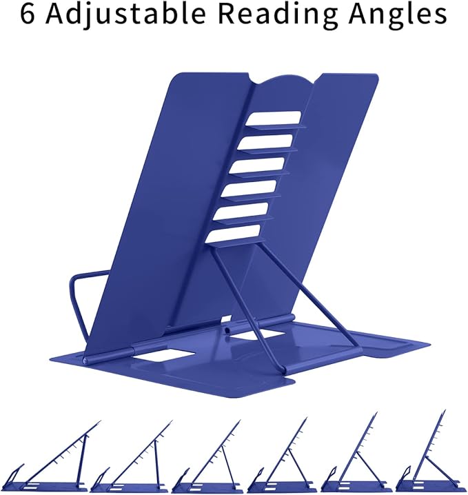 MSDADA Desk Book Stand Metal Reading Rest Book Holder Adjustable Cookbook Documents Holder Portable Sturdy Bookstands for Recipes Textbooks Tablet Music Books with Page Clips(Sapphire Blue)