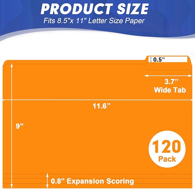 File Folder, HERKKA 120 Pack 1/3 Cut Tab File Folders, File Folders Great for Organizing and Filing, Letter Size, Orange