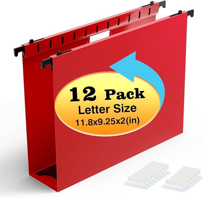 Extra Capacity Plastic Hanging File Folders,12 Pack Reinforced Hang Folders,Heavy Duty 2 Inch Expansion,Plastic Filing Cabinet Folders,Letter Size,for Bulk Files, Medical Charts,Red