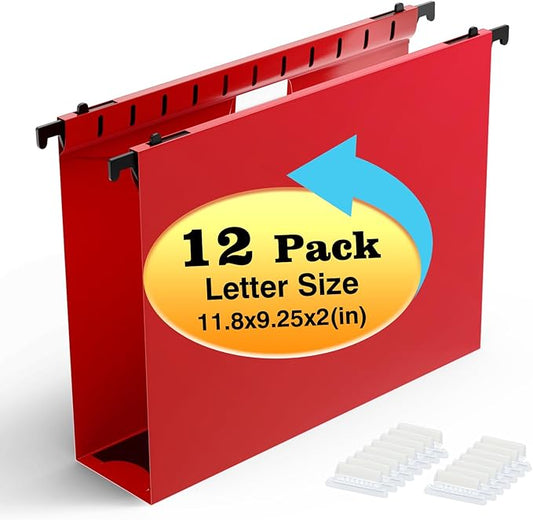Extra Capacity Plastic Hanging File Folders,12 Pack Reinforced Hang Folders,Heavy Duty 2 Inch Expansion,Plastic Filing Cabinet Folders,Letter Size,for Bulk Files, Medical Charts,Red