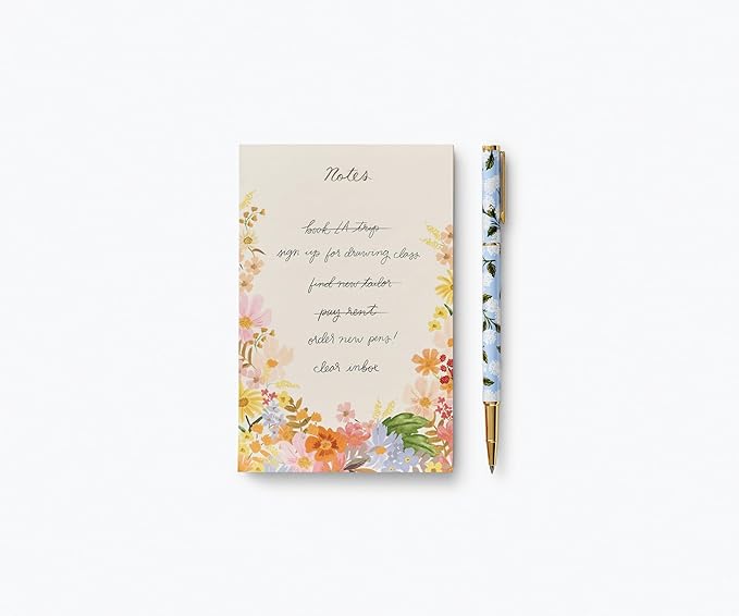 RIFLE PAPER CO. Hydrangea Writing Pen, 5.375" L, 0.5 mm Rollerball Tip, Stainless Steel Body with Brass Accents, Office and School Supplies for Stationery, Notes, and Art