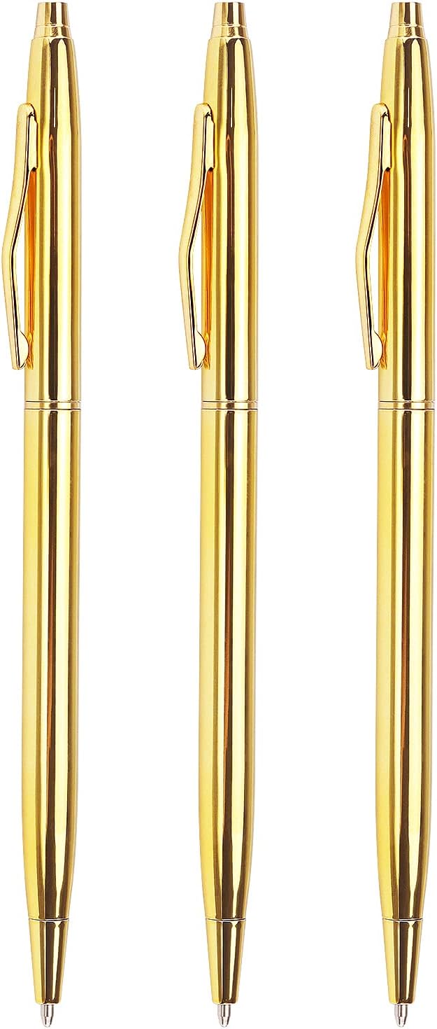 3 Pack Slim Gold Ballpoint Pens Black Ink 1 mm, Great Gift for Business Office Students Teachers Wedding Christmas (Gold)