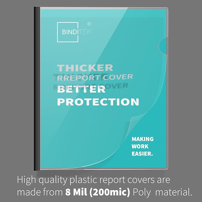Binditek 12 Pack Heavyduty Clear Report Covers with Sliding Bars, 110 Sheet Capacity, 15mm Sliding Bar File Folder, Letter Size, 8 Mil Thick, Black, for Students and Coworkers