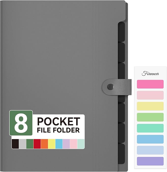 Forvencer Expanding File Folder with 8 Pocket, Letter Size Accordion File Organizer, Portable Folders for Documents, Cute Paper Organizer, Filling Products for School Office Supplies, A4 Size, Gray