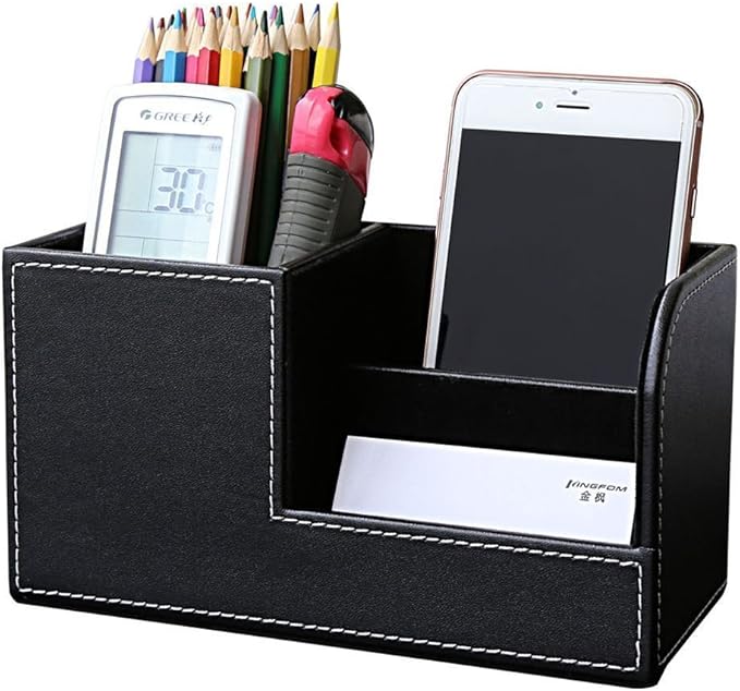 KINGFOM 3PCS/SET Desk Organizer Sets Leatherette Office Accessories Supplies Including Tissue Holder,Pencil Holder and Business Name Cards Stand Black