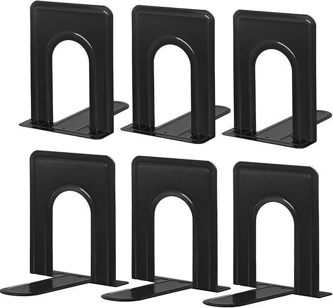 HappyHapi Book Ends, Metal Bookends for Shelves, Non-Skid Book End to Hold Books, Black Book Stopper/Holder for Office Home Kitchen, 5.7X 4.9 X 6.5 in, 3 Pair(6 Pcs, Large)