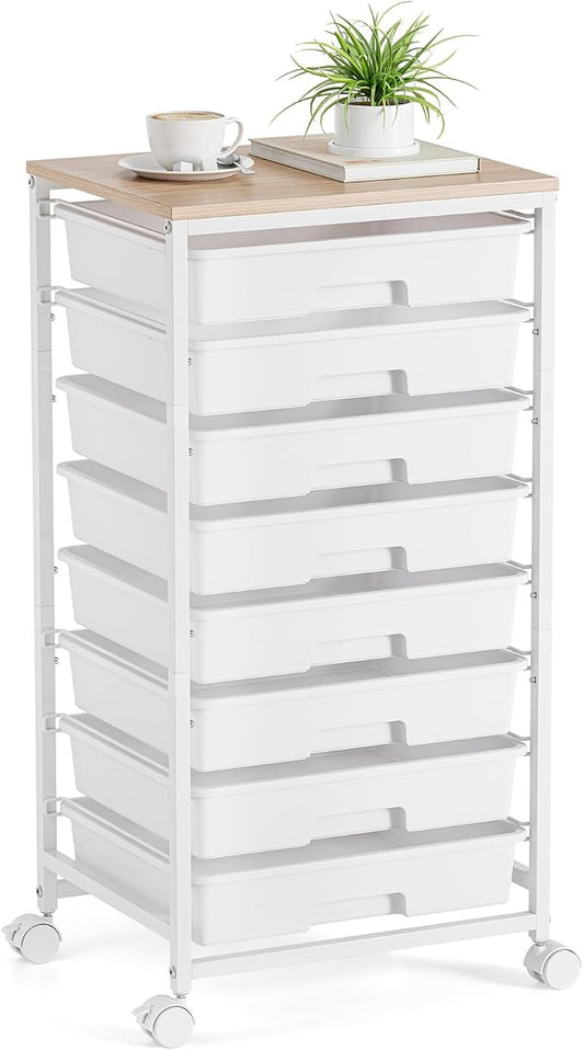 Storage Cart with 8 Drawers, Utility Cart with White Drawers and Wooden Tabletop, Craft Cart, Teacher Organization for Classroom,White