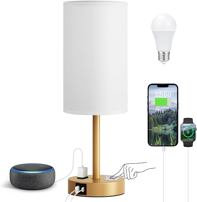 Fenmzee Gold Nightstand Bedroom Lamp - 3 Way Dimmable Bedside Lamp USB C A Charging Ports and AC Outlet, Small Table Lamp Linen Lampshade for Office Desk