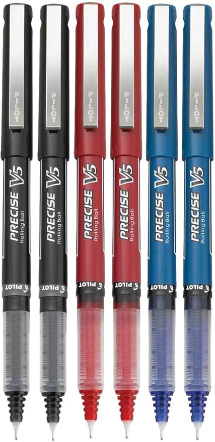 Precise V5 Stick Rolling Ball Pens, Extra Fine Point (.5mm), Assorted Colors Black/Blue/Red Ink, 6-pk; Bundle with Plastic Reusable Pouch