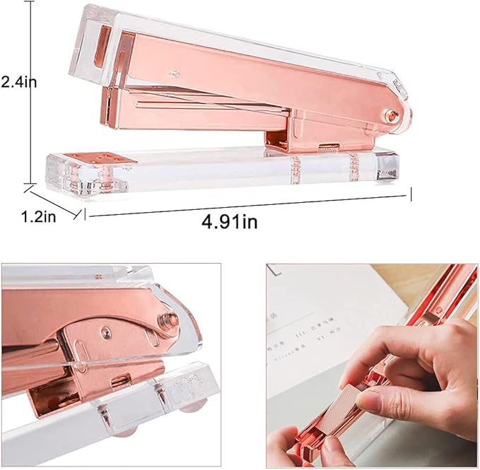Acrylic Rose Gold Tape Dispenser Desktop Stapler, Acrylic Office Supplies Includes Staple Remover, Tape, 1000pcs Staples Desk Accessory Kit, Modern Clear Stationery Kit for Everyday Office Needs