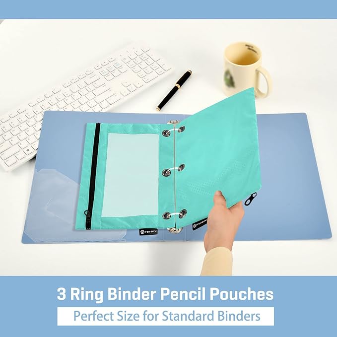 Gredecor Binder Pencil Pouch 3 Ring Turquiose Teal Zipper Pencil Pouches Case 2 Pack Clear Binder Organizer for School Office