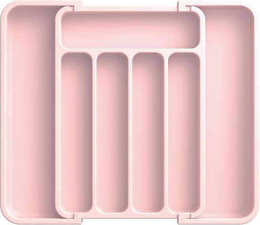 Aujen Silverware Organizer - Expandable Kitchen Drawer Organizer, Adjustable Utensil Organizer, Cutlery Tray for Forks, Knives, Multipurpose Kitchen Organizers and Storage Solution, Pink, Medium