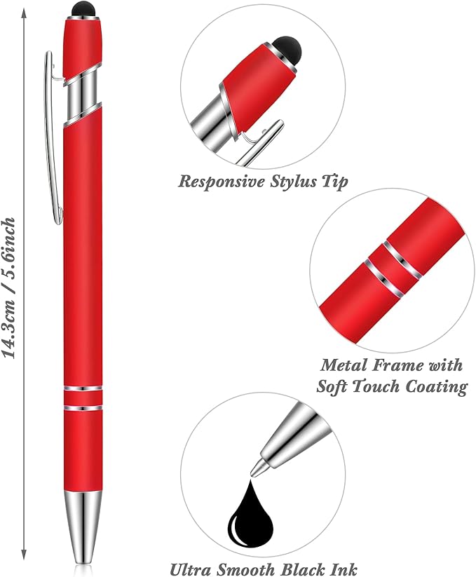 Tenare 12 Pieces 2 in 1 Stylus Metal Ballpoint Pen with Stylus Tip, 1.0 mm Black Ink Ballpoint Pen for Touch Screens(Red)