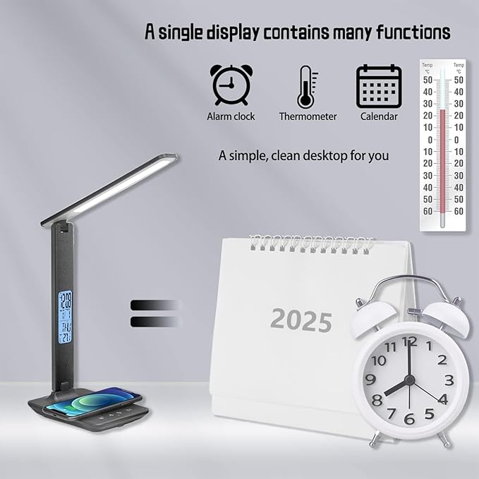 LED Desk Lamp with 10W Wireless Charger & USB Port, Eye-Caring Dimmable Touch Control Lamp with Clock Display, Adjustable Foldable Arm, 5 Brightness & 3 Color Modes for Home Office Study