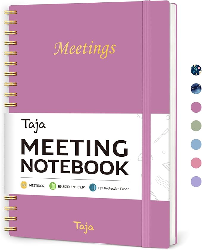 Meeting Notebook for Work Organization - Work Planner Notebook with Action Items, Agenda Planner for Note Taking, 160 Pages (6.9" X 9.9") Project Organizer for Men & Women - Purple