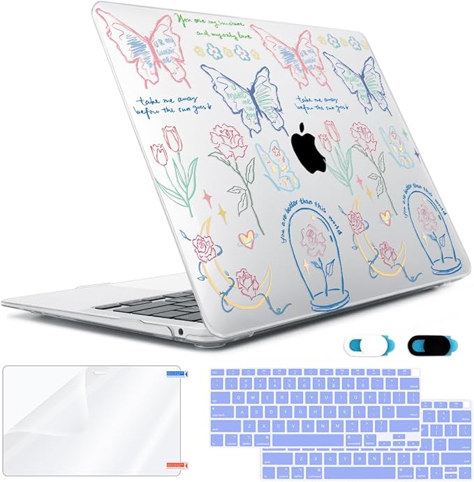 Compatible with MacBook Air 13 inch Case 2022 2021-2018 A2337 M1 A2179 A1932 Retina Display with Touch ID, Plastic Hard Shell Case +Keyboard Cover+Screen Protector+Webcam Cover, Line Flower