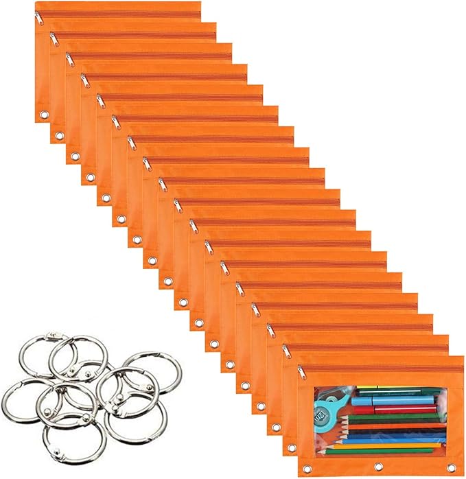 18-Packs 3 Ring Pencil Pouch with Clear Window School Classroom Binder Pocket Case Office Stationery Bag Orange