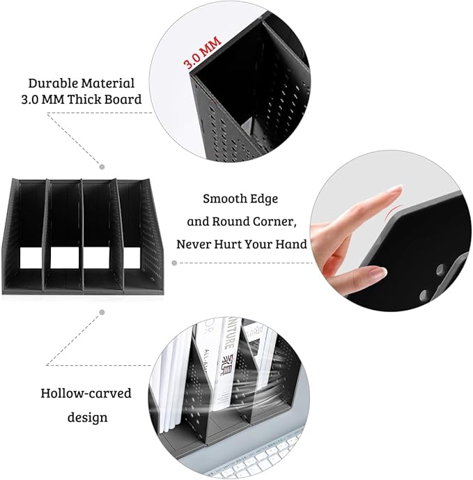 SAYEEC 1Pcs Collapsible Plastic Magazine File Holder Vertical Binder Storage Organizer for Desk Sturdy Upright Desktop Magazine Organizer Folder Rack for Office School Home (3 Compartments, Black)