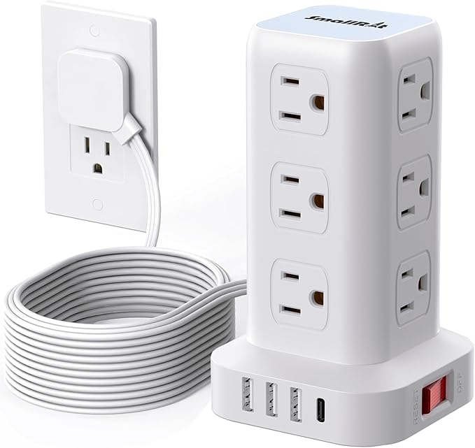 Surge Protector Power Strip Tower with Flat Plug, 10FT Ultra Thin Extension Cord with Multiple Outlets (1 USB-C), 1020J Protection，Desk Charging Station for Office, Dorm Room Essentials