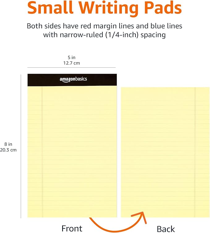 Amazon Basics 50 sheet Narrow Ruled Lined Writing Note Pad, 5 inch x 8 inch, 12 Pack, Canary