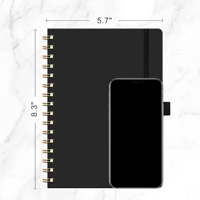 RETTACY Lined Journal Notebook, 140 Numbered Pages, A5 Medium Size (5.7'' x 8.3''), for Men & Women, Journaling, Writing, Work & Office, Spiral-bound, Hardcover, 100 GSM Thick Paper (Black)